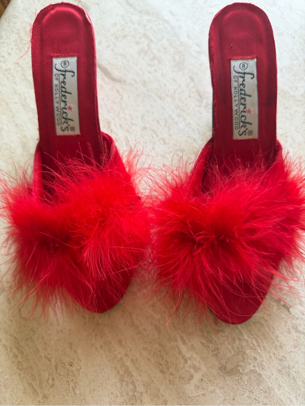 Frederick's of Hollywood Red Satin Feather Slide Heels